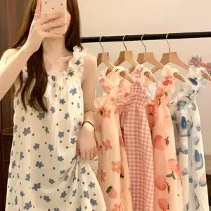 잠옷 민소매 나시 이지웨어 여성 잠옷 여름 원피스 스모크 내장 밴딩