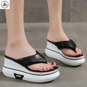 [애슬릿] 키높이 쪼리 굽있는 통굽 배색 슬리퍼 8cm