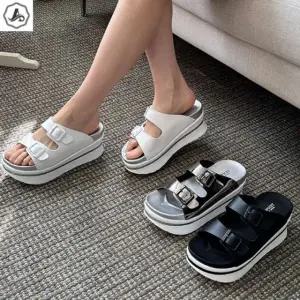 [애슬릿] 통굽 슬리퍼 버클 배색 굽높은 키높이 5.5cm