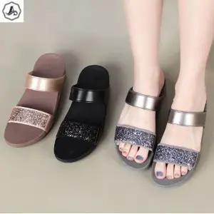 [애슬릿] 통굽 슬리퍼 밴드 스톤 키높이 슬리퍼 4cm