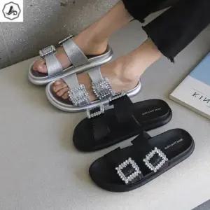 [애슬릿] 키높이 슬리퍼 실버 버클 큐빅 발편한 3cm