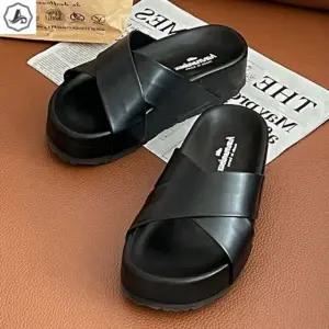 [애슬릿] 통굽 슬리퍼 크로스 블랙 굽높은 사무실 5cm