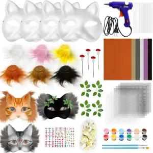 얌수르 DIY 테리안 고양이 마스크 제작 키트 빈 마스크가 있는 공예용 여우 51개 가짜 모피 페인트 메쉬