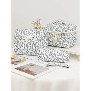 1개 세트 꽃무늬 퀼트 메이크업 가방 다기능 휴대용 여행 귀여운 세면도구 대용량