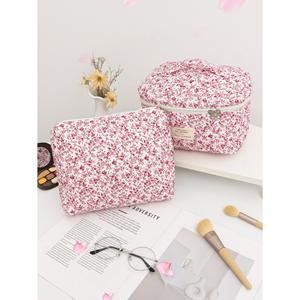 1개 세트 핑크 퀼트 메이크업 가방 휴대용 대용량 여행 귀여운 세면도구