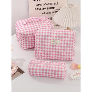 1개 세트 격자 누비 메이크업 가방 다기능 대용량 세면도구 여행용 수납