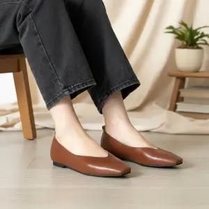 여성 사각형 가죽 평평한 단화