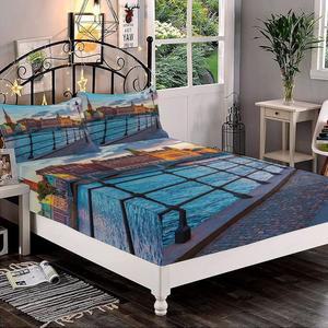 장식용 침구 시트 세트 퀸 사이즈 시티스케이프 딥 포켓 피팅 베개 샴 2개 스웨덴 스칸디나비아 스톡홀름 올드타운 바이 감라 스탠 뷰 가을 프린트 3pc 침대