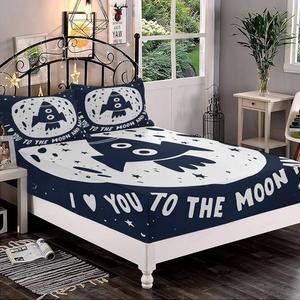 XISUNYA 장식용 피팅 시트 세트 킹 사이즈 발렌타인데이 딥 포켓 베개 2개 달까지 사랑해 뒷면 슬로건 우주선 스타 프린트 극세사 침구 3개