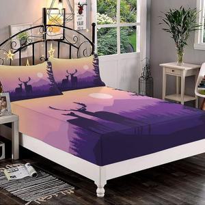 장식용 침구 시트 세트 퀸 사이즈 사슴 딥 포켓 피팅 베개 2개 침엽수림에 서서 산 프린트 극세사 3pc 침대 성인 침구용