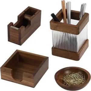 부쿠 4피스 호두나무 책상 정리함 세트 아크릴 인서트가 있는 펜 홀더 테이프 디스펜서 노트 트레이 및