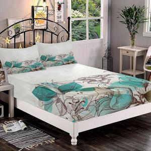 장식용 맞춤 시트 세트 풀사이즈 터쿼이즈 장식 딥 포켓 베개 2개 빈티지 플로럴 배경 히비스커스 프린트 극세사 침구 3pc 여성 남성 침구용