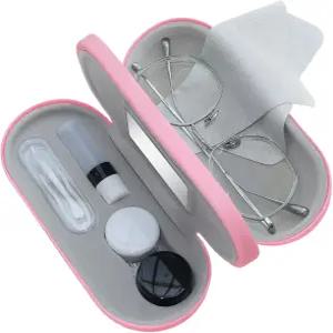 휴대용 2in1 콘택트 렌즈 및 안경 케이스 천 플립탑 미러 핀셋 솔루션 홀더 여행용 보관 키트(핑크색) 포함