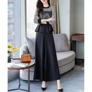 여성 8부 소매 쉬폰 블라우스 와이드 팬츠 상하 세트