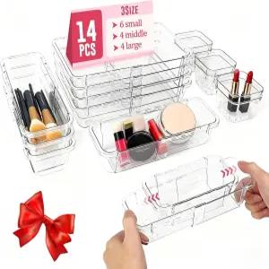 아웃판디아 14개 확장 가능한 클리어 서랍 정리함 책상 세트 주방 욕실 사무실 메이크업용 아크릴 3사이즈