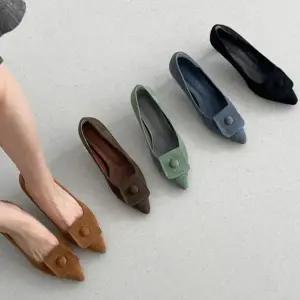 [옷자락]여자 고급스러운 스퀘어버클 포인티드토 미들힐 펌프스