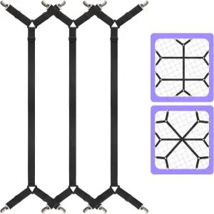 루예나 침대 시트 스트랩 풀사이즈 침대용 PCS 및 홀더 3개 조절 가능한 십자형 맞춤 클립 블랙