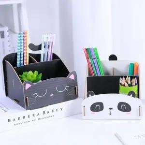 ( )3칸 조립식 펜 홀더 캐릭터 목재 펜 홀더 수납함 연필