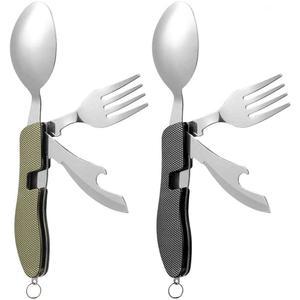 2개의 분리형 캠핑 도구 식기 세트, 캐드블러 휴대용 4인치 1스테인리스 여행 도구, 접이식 나이프 포크 스푼 병따개, 다용도로 사용할 수 있는 식기(그린 블랙)
