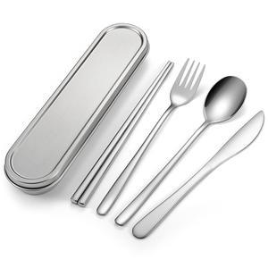 여행용 식기 세트, 18/8 스테인리스 스틸 재사용 가능한 캠핑 및 사무실용 휴대용 실버웨어 도시락(스테인리스 스틸)