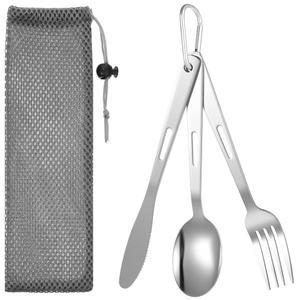 휴대용 가방이 포함된 DOPENSPI 3PCS 캠핑 도구 세트, 스테인리스 스틸 캠프 플랫웨어 초경량 포크 나이프 스푼 식기 야외 피크닉 하이킹 배낭 여행용