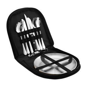 이스뎀 금속 캠핑 도구 세트, 실버웨어 세트 2인용, 재사용 가능한 여행용 식기 케이스 포함 나이프 포크 스푼 접시 및 맥주 캡 오프너