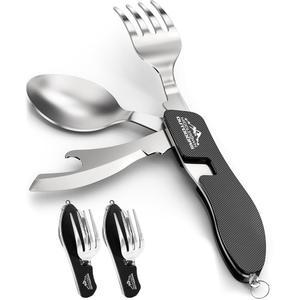 2Pc 캠핑 플랫웨어 접이식 식기 분리 가능하고 다용도로 사용할 수 있는 스테인리스 스틸 나이프 포크 스푼 및 병따개 컴팩트 야외 포켓 스타일 - 2 / pk