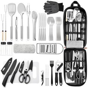 타이브로스 휴대용 캠핑 주방 도구 34개 세트 - 조리 키트, 스테인리스 스틸 야외 요리 및 그릴 정리 여행 여행, 피크닉, RV, 캠핑, 바비큐, 파티에 완벽합니다