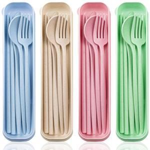 ELANE 4 세트 재사용 가능한 여행 도구 케이스 포함, 캠핑용 식기 포함 세트, 점심 피크닉을 위한 Utensil 야외용