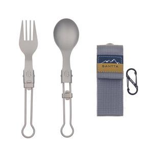 캠핑, 하이킹, 배낭여행을 위한 휴대용 가방과 카라비너가 포함된 가벼운 티타늄 접이식 포크 스푼 2피스 식기 세트