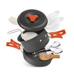 12 PCS 경량 캠핑 조리기구 세트 u2013 배낭, 하이킹 및 야외 요리를 위한 논스틱 냄비, 프라이팬 식기류 2-3인용 컴팩트 메시 키트(오렌지, 알루미늄)