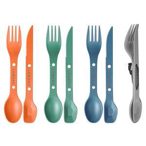 로이지 재사용 가능한 4-in-2 콤보 캠핑 도구 세트, 숟가락-포크-나이프 여행 4세트, 점심 하이킹 야외 생존을 위한 휴대용 플라스틱 커틀러 백팩 장비(그린, 오렌지, 블루, 그레이)