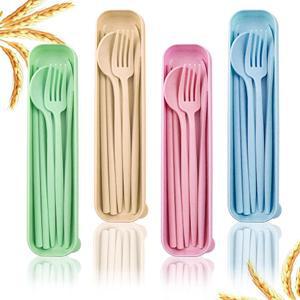 ZGQHZR 4세트 재사용 가능한 식기 세트 케이스 포함, 캠핑 커틀러 여행용 세트, 작업용 점심 피크닉용 Utensil (COLOR A)