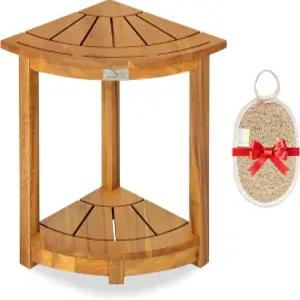 빅토리 릴렉스 아카시아 나무 코너 샤워 스툴 - 수납 선반과 면도용 비누 접시가 있는 방수 삼각형 욕실