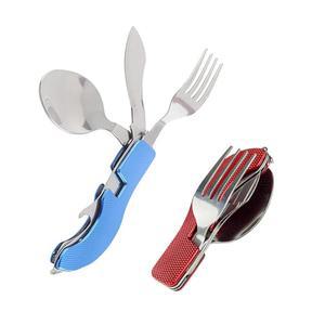 4-in-1 휴대용 접이식 식기 세트 컴팩트 나이프 포크 스푼 병따개 키트 캠핑 하이킹 여행용 스테인리스 스틸 식기(레드 + 블루)