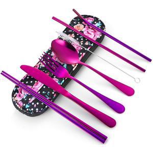 여행 도구, 재사용 가능한 은식기 세트, 도시락용 방수 휴대용 케이스 포함 식기 세트 직장 캠핑 피크닉 (보라색)