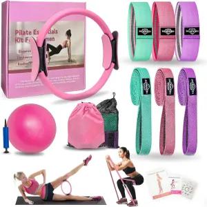 가정용 여성용 DICYWUDI 필라테스 에센셜 키트 운동용 장비 6개의 패브릭 저항 밴드 12인치 매직 서클 요가