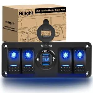 QC3.0 듀얼 USB 충전기 전압계 방수 및 야간 조명 스티커가 장착된 Nilight 4 갱 로커 스위치 패널 자동차
