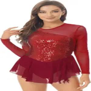 프리빌리 여성 피겨 스케이팅 드레스 긴 소매 반짝이는 라인스톤 롤러 서정적인 댄스 코스튬