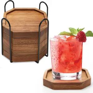 귀여운 러스틱 농가 나무 컵 코스터 세트 6개의 멋진 바 음료 코스터와 커피 테이블 책상 장식용 아카시아