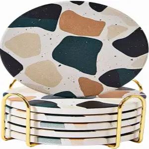 테라조 코스터 6종 세트 세라믹 흡수 음료 귀여운 수분 커피 테이블 책상 장식 음료용 컬러풀 스톤