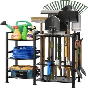 차고 정리를 위한 케오마이시토 정원 도구 정리함 35개의 긴 손잡이 슬롯이 있는 3단 야드 보관 랙 창고
