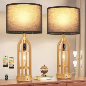 거실용 시알 테이블 램프 2종 세트 - 침실용 골드 베드사이드 램프(USB C+A 및 콘센트 포함) 야간 스탠드용