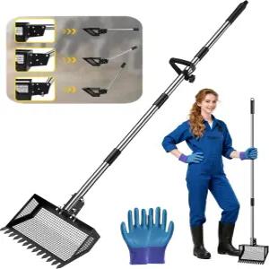 KQPZ 2-in-1 닭똥 스쿠퍼 갈퀴 10인치 금속 삽 헤드 조절 가능한 스테인리스 스틸 손잡이(36-76인치) 모래