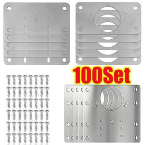 2-100세트 캐비닛 힌지 수리 플레이트 키트 스테인리스 스틸 도어 장착 구멍 포함 평면 고정 브래킷 도구