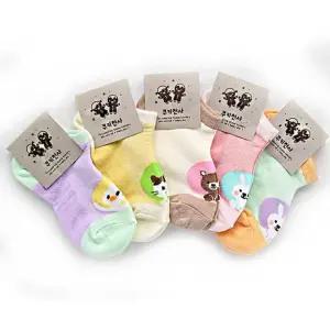 여아 아동 투톤 귀여운 동물 발목 여름 양말 5켤레 유아 어린이 초등학생 유치원