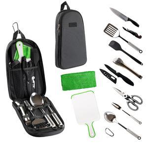 Life2Go 12피스 캠프 조리기구 세트 및 야외 주방용품 키트, 캠핑, 하이킹, 여행용 휴대용 컴팩트 케이스, 바비큐 그릴 스테인리스 스틸 액세서리 스푼 & 포크, 그레이