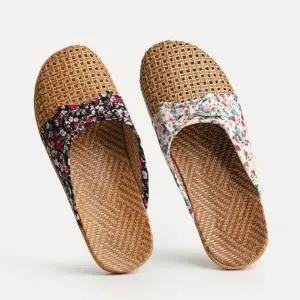 여성샌들 일상 왕골 라탄 리본 뮬 슬리퍼 4color