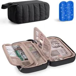 얼음팩 2개가 있는 퍼프 여행 케이스 여러 개의 주머니가 인슐린 쿨러 검은색