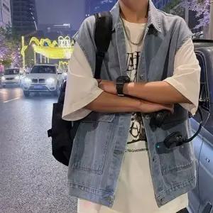 데님 남성 레이어드 연청 청 오버핏 베스트 조끼 블랙